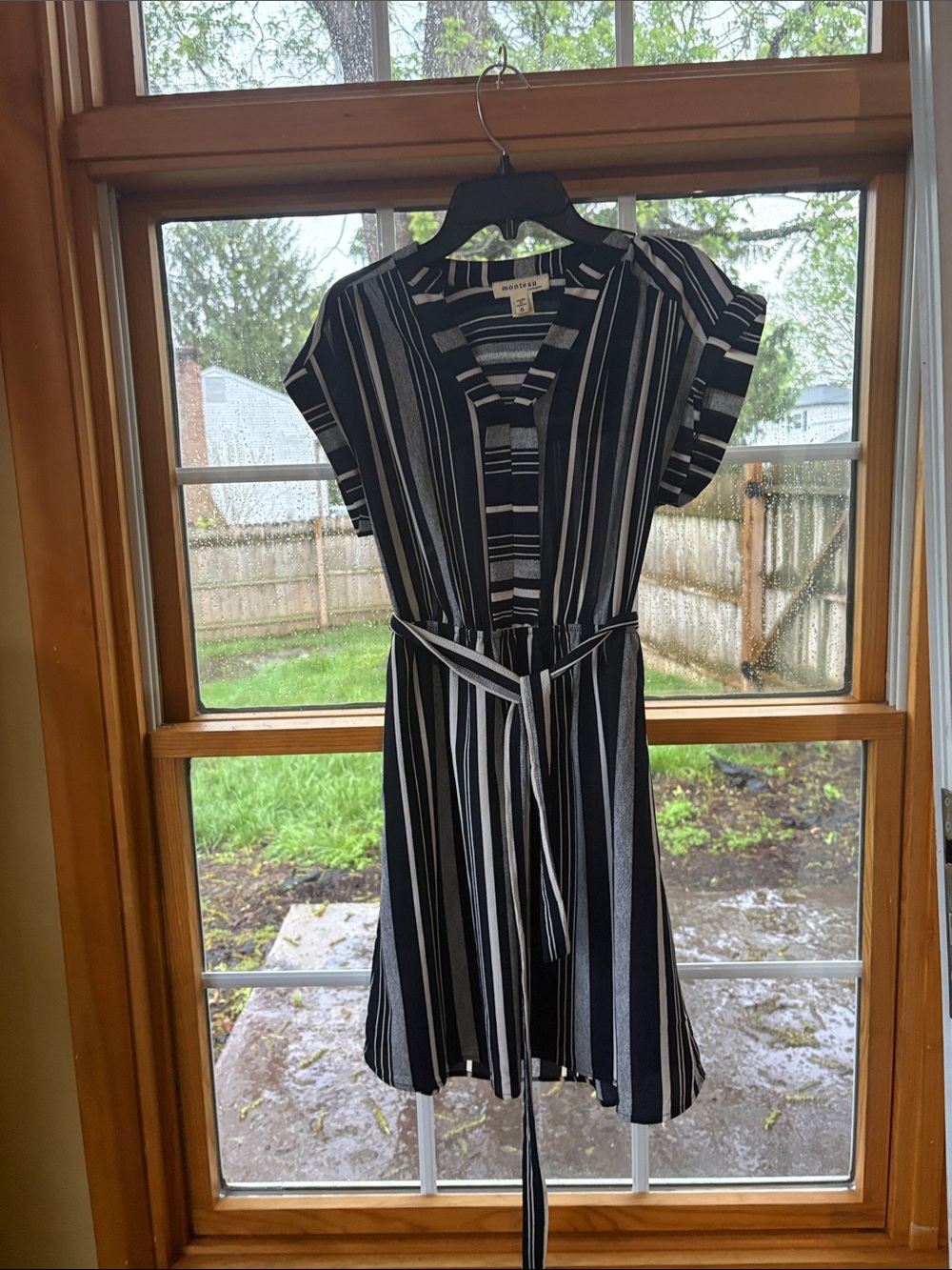 Casual Navy blue & White Striped Belted Dress -business casual